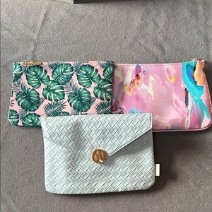 Ipsy Cosmetic Bag Trio - Tropical Green, Abstract Pink, Woven Gray